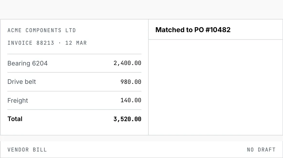 Invoice Intake reading a PDF vendor invoice from Acme Components and matching its lines against open purchase order PO #10482. Bearing 6204 matches line 3 and the drive belt matches line 4. Freight is flagged with a quantity variance of 2. A draft vendor bill 4411 is created and left unposted for review.