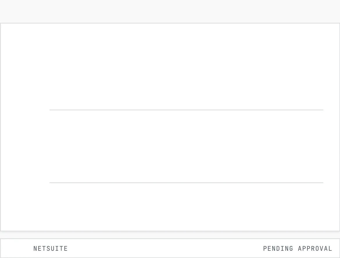 Slack Connector posting a NetSuite purchase order to the #finance-approvals Slack channel. The message carries the record fields: requester Maya Chen, department Operations, budget $25,000, record PO #10482. It is approved in Slack, and the result is written back to NetSuite and logged at 14:32.